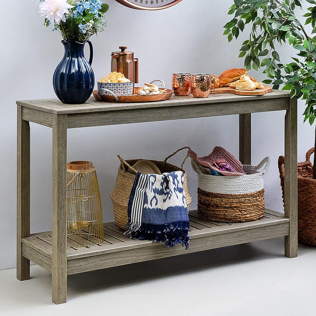 Solid Mahogany Outdoor Console Table – Weathered Gray Finish – Narrow Rustic Patio Accent Table for Porch, Deck, or Garden