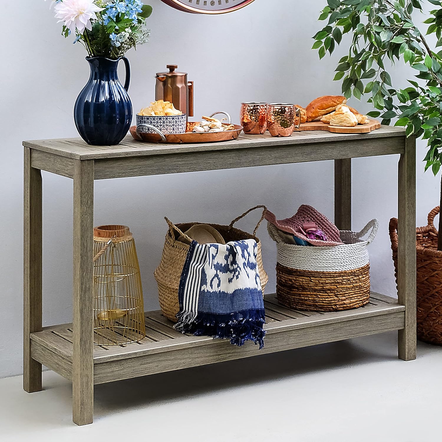 Solid Mahogany Outdoor Console Table – Weathered Gray Finish – Narrow Rustic Patio Accent Table for Porch, Deck, or Garden
