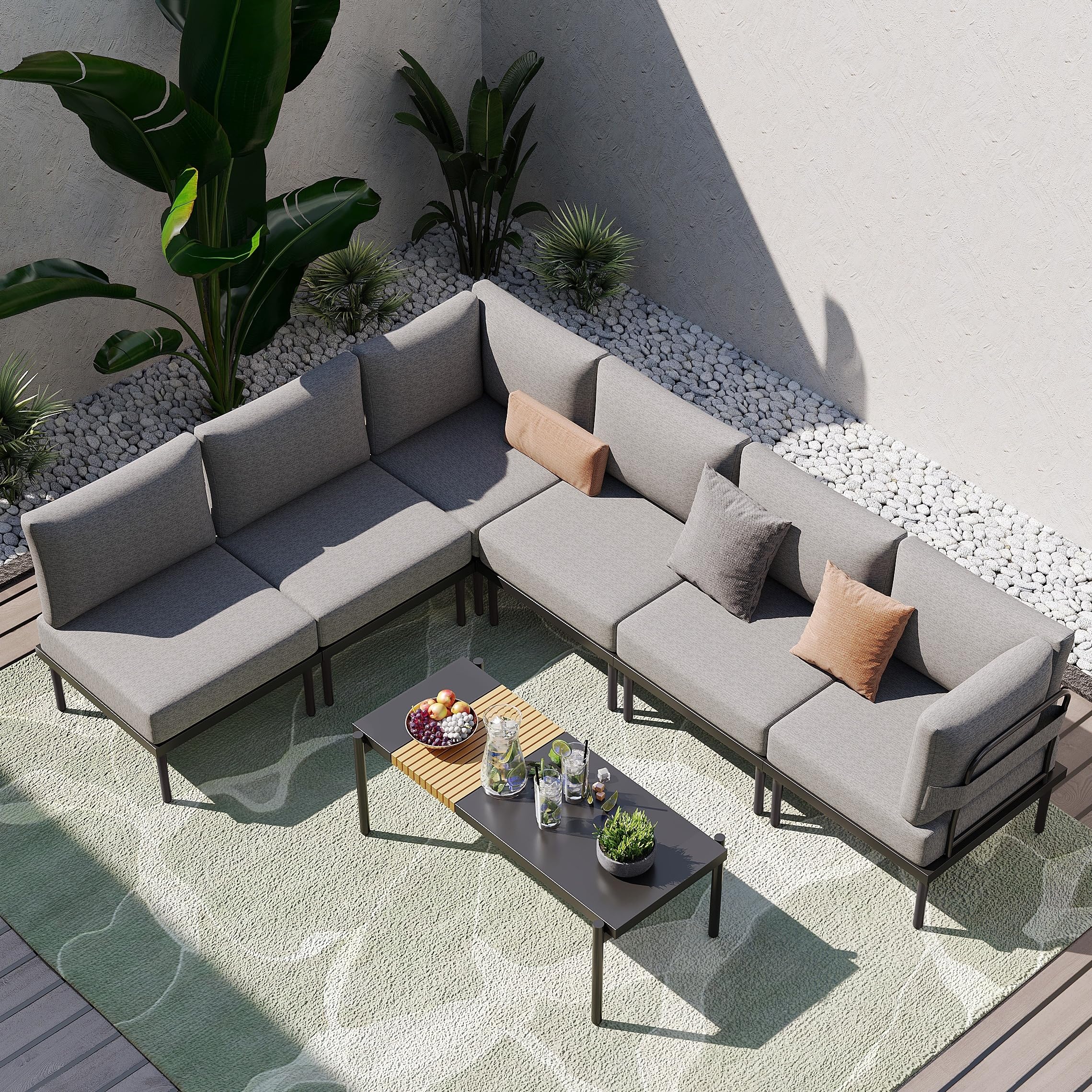 Sundale Outdoor 2 Pieces Metal Patio Furniture Set, Outdoor Sectional Sofa w/6 Inch Olefin Cushion, Modern Outdoor Conversation Sets for Porch, Balcony