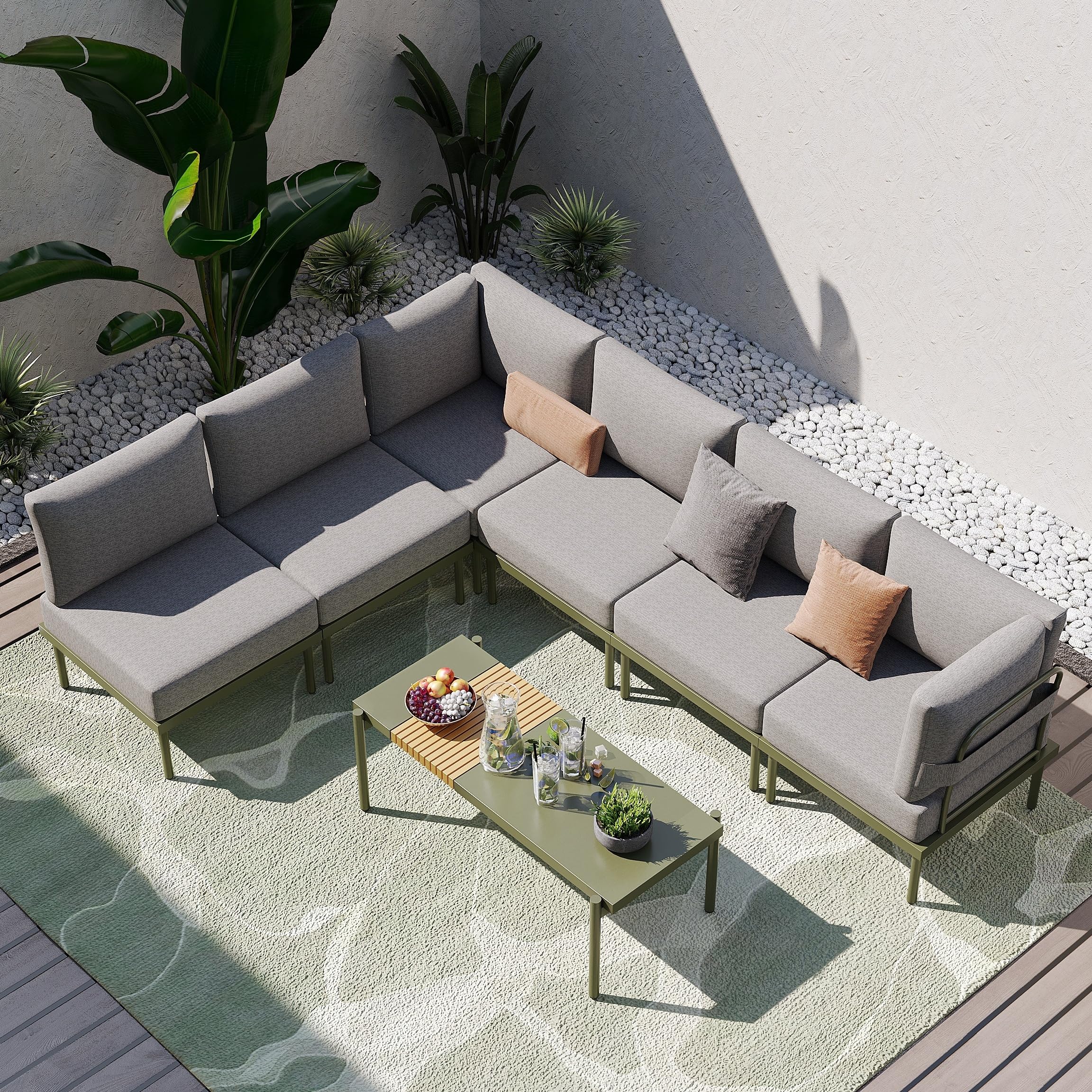 Sundale Outdoor 2 Pieces Metal Patio Furniture Set, Outdoor Sectional Sofa w/6 Inch Olefin Cushion, Modern Outdoor Conversation Sets for Porch, Balcony